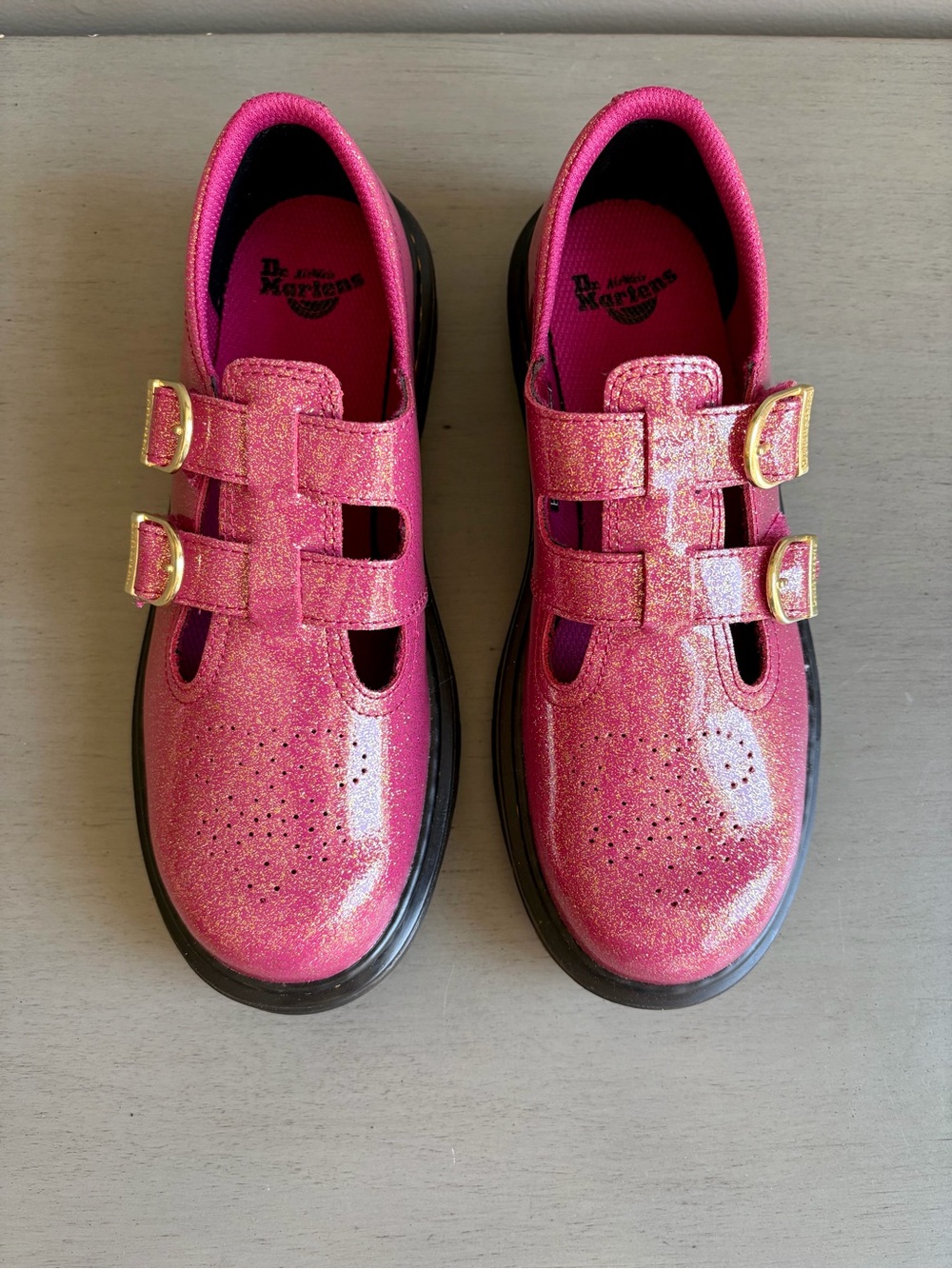 Doc Dr. Martens Pink Glitter Double-Buckle Mary Jane Shoes Boots Women 6 NEW - Picture 5 of 13
